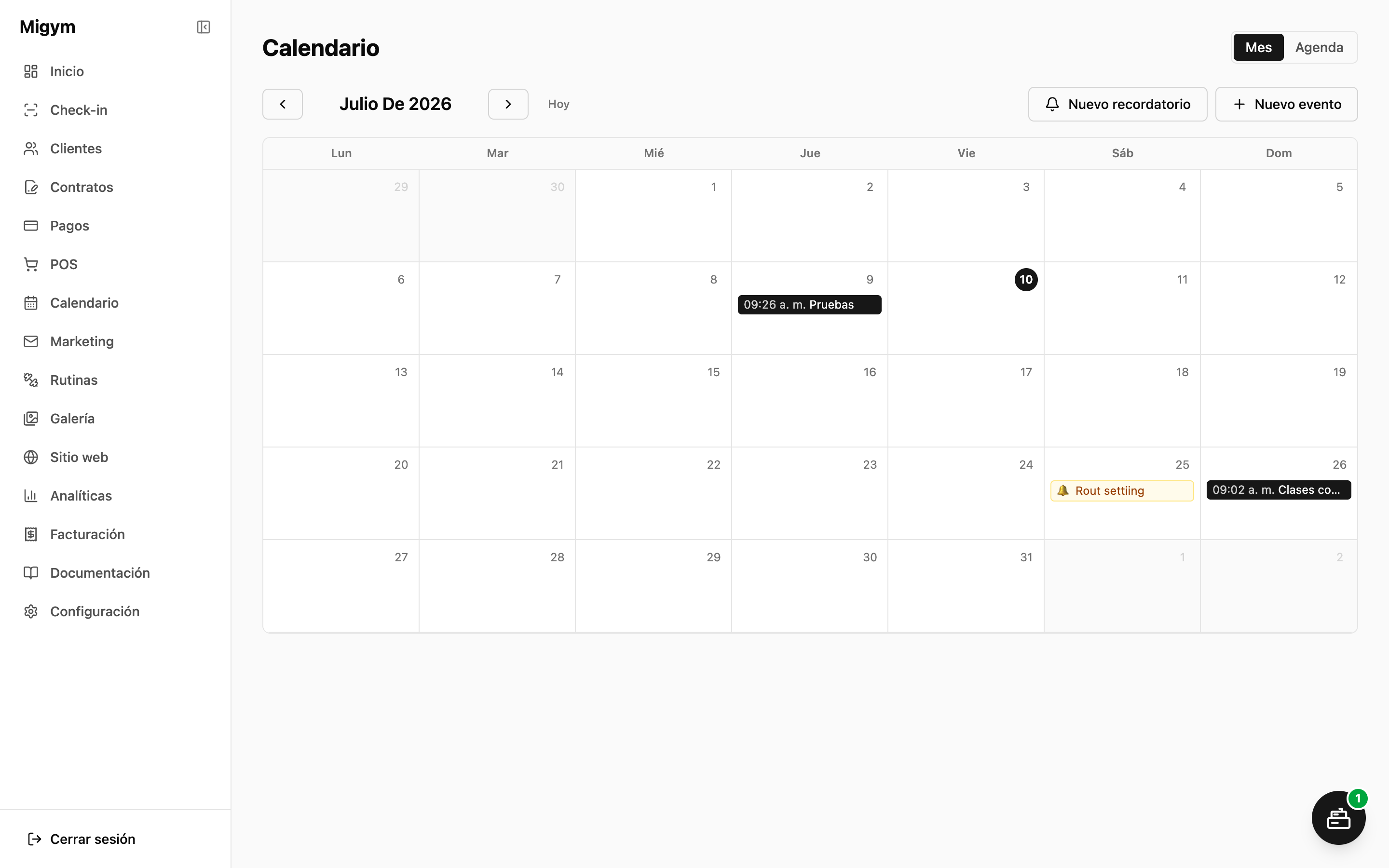 Agenda del estudio con las clases de la semana